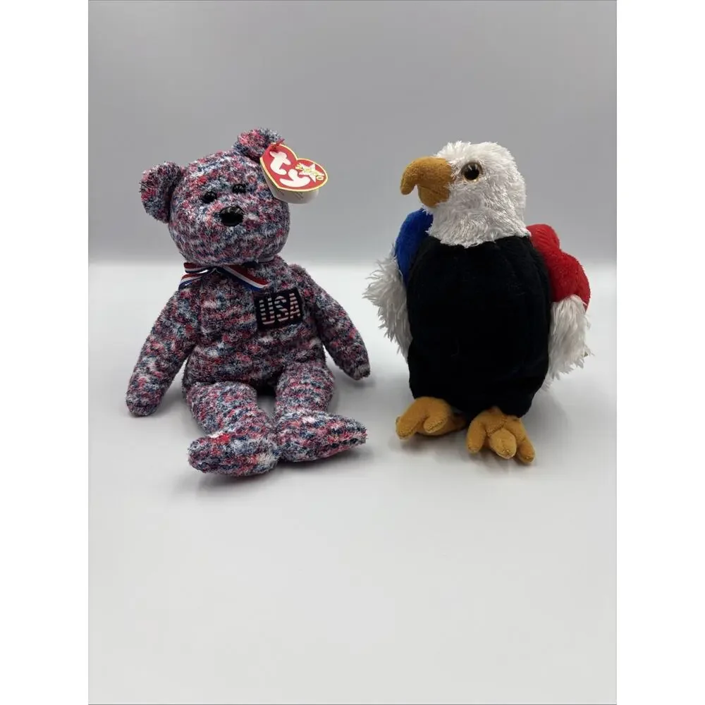 TY Beanie Baby LOT 2 Bear USA Millennium Edition 2000‎ And FREE Bald Eagle 2004